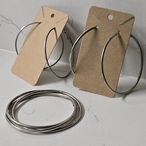 Silver Hoop Earrings & Single Bracelet Set Of 3